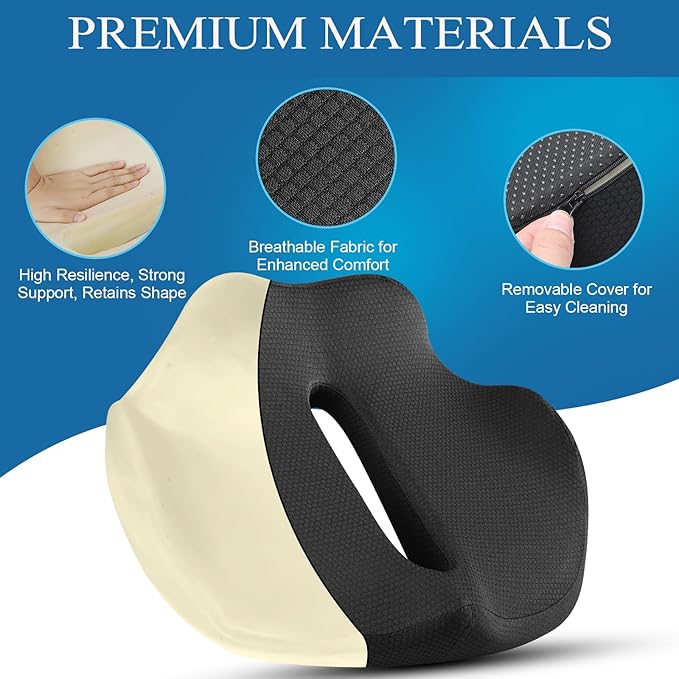Ergonomic Seat Cushion for Office Chair &Car-Advanced Memory Foam Coccyx Pillow for Tailbone,Sciatica &Lower Back Pain Relief-Non-Slip Desk Chair Pad for Long Sitting,Posture Support-Black