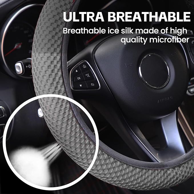 Elastic Stretch Car Steering Wheel Cover, Comfortable Steering Wheel Cover Universal for 14.5-15 Inch, Warm in Winter & Cool in Summer, Anti-Slip Breathable Ice Silk (Gray)