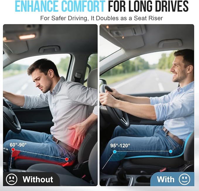 Car Seat Cushion for Driving – Ergonomic Wedge Memory Foam Booster Automotive Seat with Non-Slip Bottom & Adjustable Strap – Car Seat Pad for Car, Truck, Vehicle