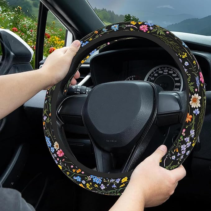 Wildflower Car Steering Wheel Cover, Flower Car Accessory for Diverse Cars, Cute Floral Print Steering Wheel Cover Protector for Women, for Steering Wheel with a Diameter of 14.5"-15" (Wildflower)