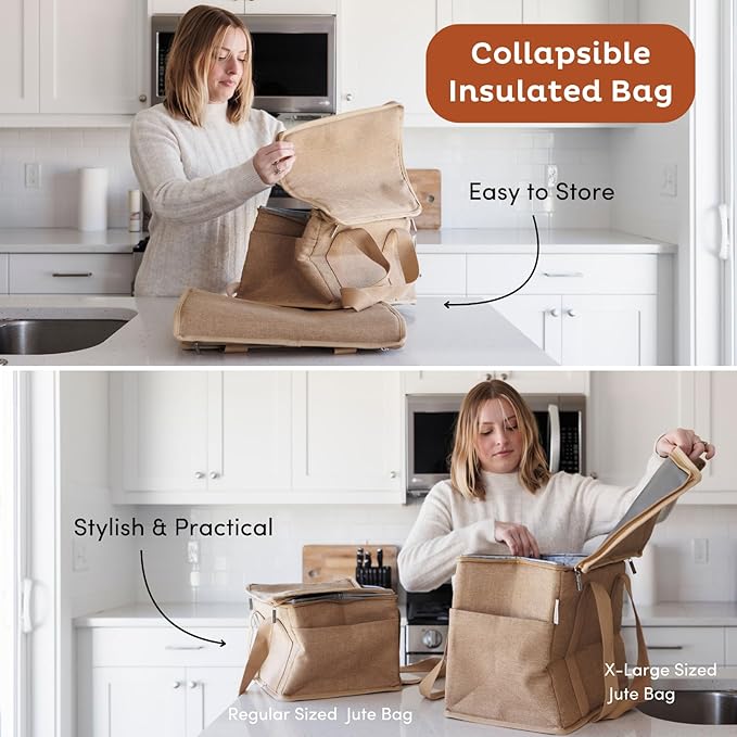 Reusable Insulated Grocery Bag - Canvas, Leak Proof, X Large Cooler Bag, Insulated Shopping Bags for Groceries, Travel Cooler Bag for Frozen and Hot Food with Zippered Top (Cream Brown)