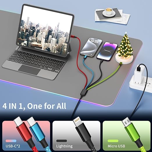 Dual Type-C 4 in 1 Multi Charging Cable [1Pack 5FT], Nylon 4 in 1 Charging Cable, Multi Chargers for All Devices with IP/Type C/Micro Port, Compatible with Most Cell Phones/Tablets and More