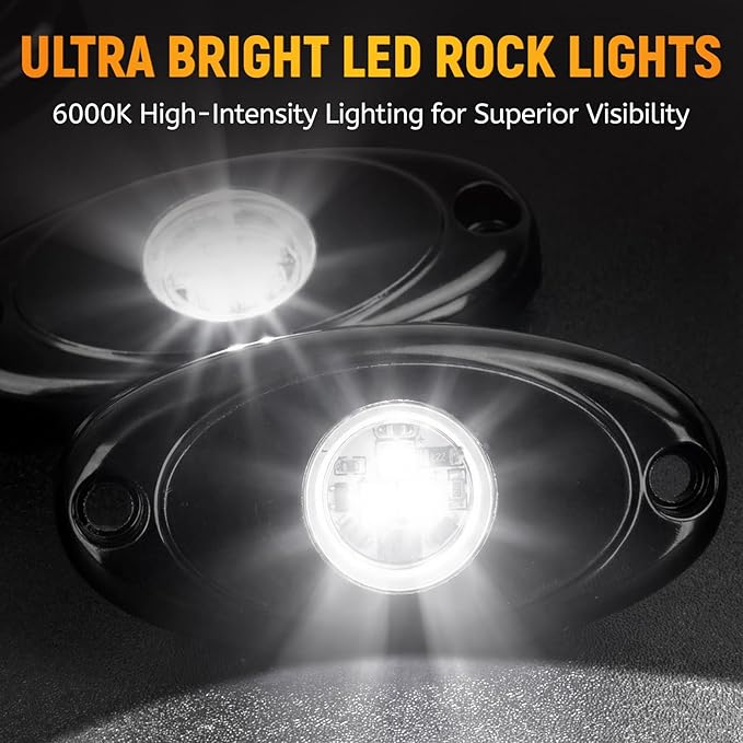 YONEDA 4 Pods White Rock Lights 6000K Ultra Bright LED Underglow Lights IP68 Waterproof for Trucks SUV UTV ATV RZR Car Boats Pickup Motorcycle