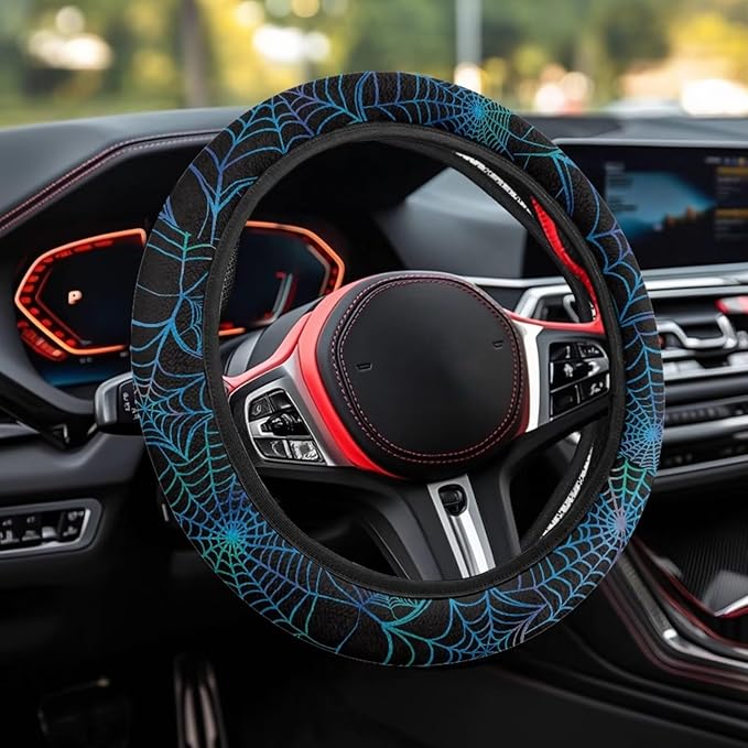 SEANATIVE Blue Cobweb Auto Steering Wheel Cover Auto Interior Protector Accessiores,Non-Slip Universal fit 15 inch, for Van Car Sedan SUV