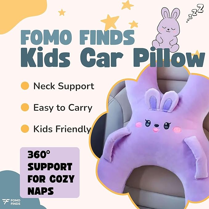 Kids Car Sleeping Pillow - X-Shaped Plush Animal for Neck & Back Support - Hands & Seat Belt Slot - Machine Washable & Compressible - Perfect for Car, Plane, Train, Boat & More - Purple