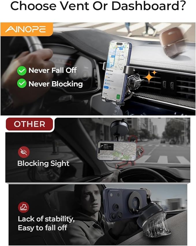 AINOPE Car Vent Phone Mount Holder for iPhone 17 Pro Max Car Mount [Drop-in Grip] Phone Holders for Your Car Air Vent Interior Accessories Gifts for Men for iPhone 17 Pro Max 16 15 14 Galaxy S26
