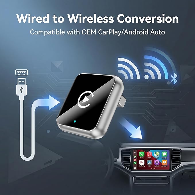 Wireless CarPlay Adapter, 2-in-1 Mini CarPlay & Android Auto Wireless Adapter, Plug & Play, Auto Connect, Car Accessories, Car Play Dongle Compatible with iPhone & Android