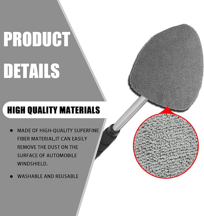 Windshield Cleaner Tool - Portable Car Interior Window Cleaning Kit with Extendable Handle, 4 Microfiber Towel Pads, Auto Glass Wiper for Windshield, Universal for RV, SUV, Truck (Gray)