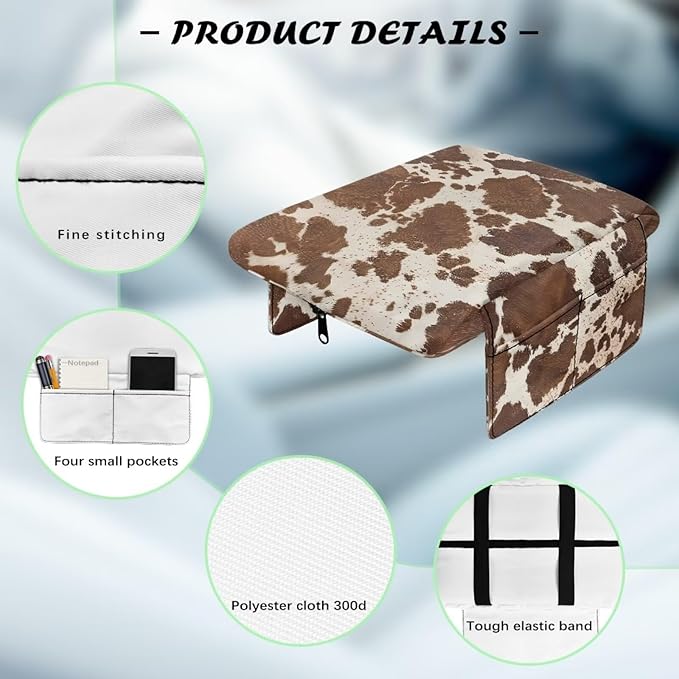 Dreaweet Brown Cow Print Center Console Cover with Pockets Thick Arm Rest Pad for Car Truck SUV Van Soft Comfortable Car Armrest Cover Center Console Cushion Pad