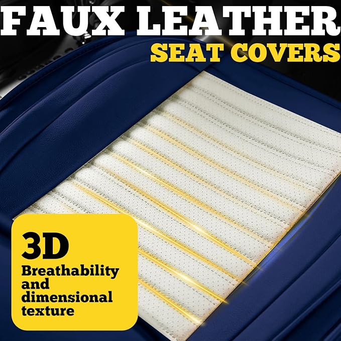 LINGVIDO Full Set Car Seat Covers, Faux Nappa Leather, Airbag Compatible and Waterproof Protectors for Sedans SUVs, Breathable Interior for Active Families, Pets, and Commuters (5 Seats, White/Blue)
