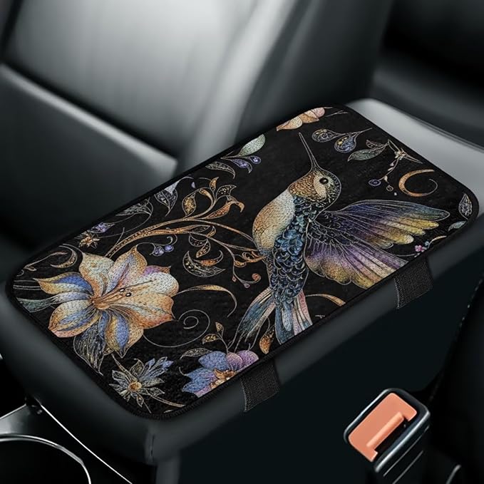 Hummingbird Floral Armrest Cover Car Warm Non-Slip Middle Console Covers Comfortable Elastic Middle Console Lid Cover Pad Protector Elbow Compatible with Cars,SUV,Trucks