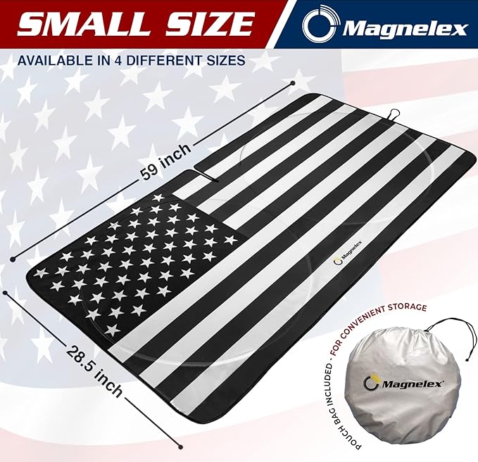 Magnelex American Flag Windshield Sun Shade, High-Resolution Car Sun Shield with Mirror, Cut-Out for Automotive Interior Sun and Heat Protection, Folding Car Sunshade - Small, Black & White