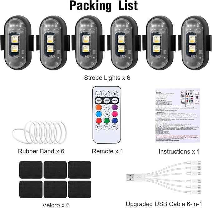 6PCS Wireless LED Strobe Lights with Remote Control, 8 Colors Rechargeable Led Lights Anti-Collision LED Emergency Warning Lights for Car Motorcycle Bike Drone Aircraft