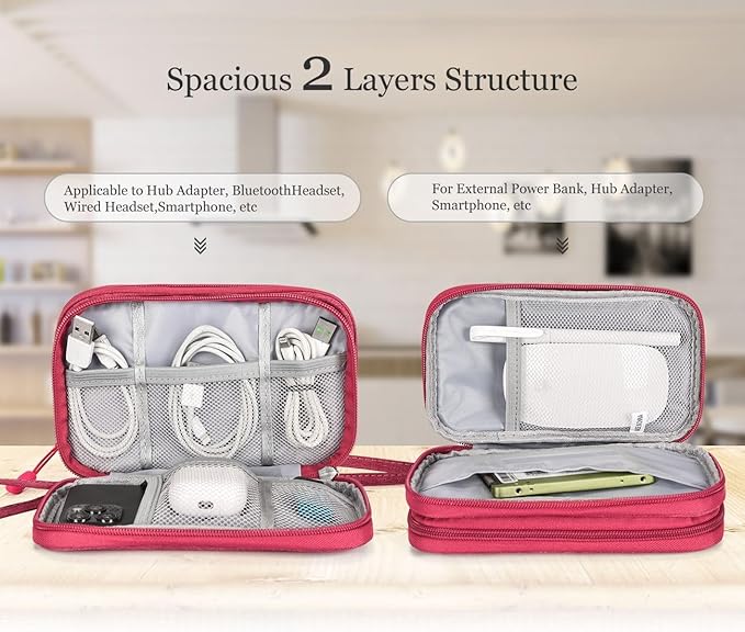 Electronic Organizer Travel Cable Accessories Bag, Electronic Organizer Case, Waterproof Electronic Accessories Organizer Bag for Power Bank, Charging Cords, USB Cable (Rose Red)