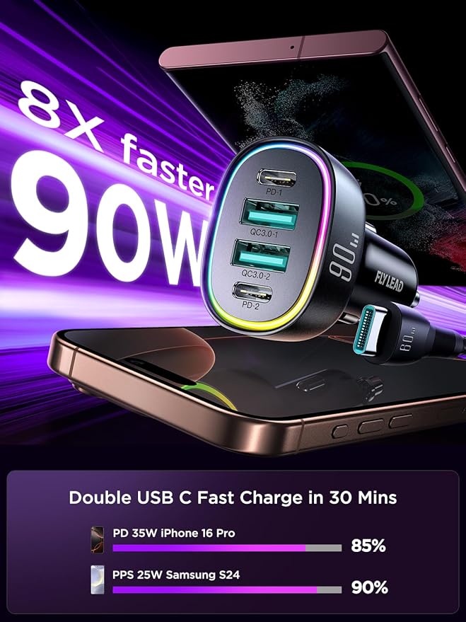 Fast Car Charger FLYLEAD 90W 4 Ports Car Charger [A Must for Family Travel] Super Fast USB C Charge Adapter for iPhone 17/16/15 Pro Max Plus