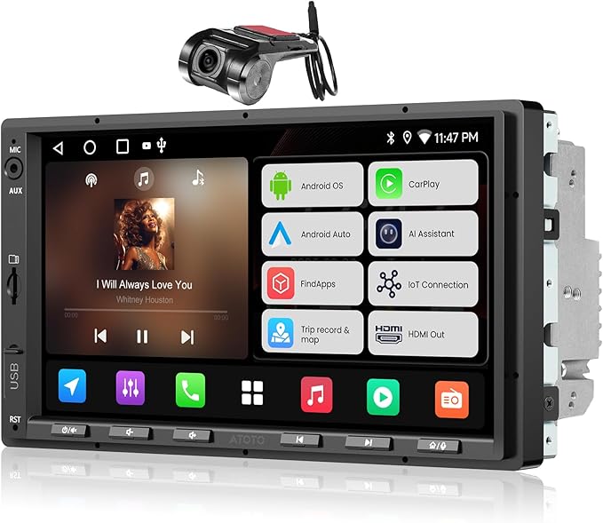 A5L 7'' Android Double DIN Car Stereo with 1080P Front Dash Cam, DriveChat AI, Wireless CarPlay & Android Auto, DSP 24-Band EQ, HDMI Out, Fast Boot, WiFi/BT/USB Tethering, GPS Track