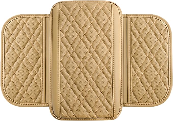 Car Center Console Cover, Leather Vehicle Arm Rest Cushion with 2 Storage Bags, Automotive Armrest Interior Seat Box Pad Accessories, Universal for SUV, Sedan, Truck (Beige)