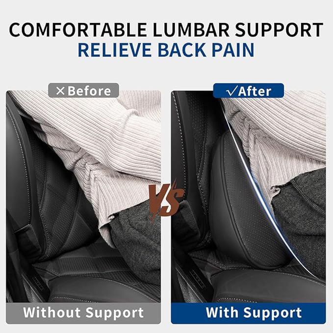 Lumbar Support Pillow for Car Seat, Office Chair Nappa Leather Memory Foam Lower Back Cushion for Back Pain Relief Improve Posture, Ergonomic Back Rest for Gaming Chair, Black, 1PC