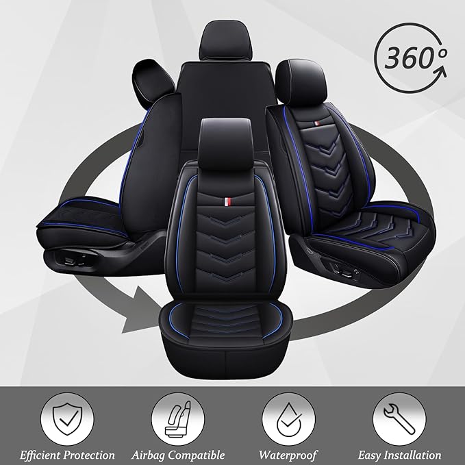 Car Seat Cover 7 Seats for Ford Explorer 2000-2025, Waterproof Durable Compatible Airbag, Premium Leather Seat Protector(7 Seats Luxury,Black Blue)