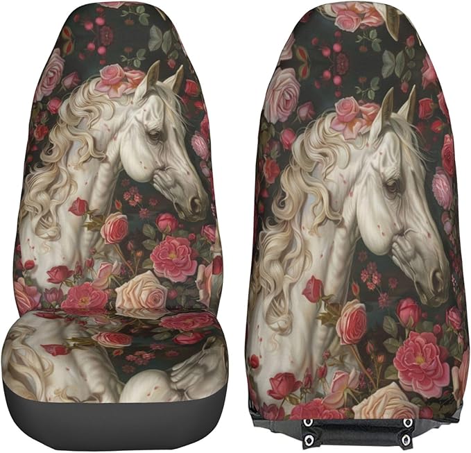Delerain Car Seat Covers Set 2Pcs, Rose White Horse Universal Front Car Seats Vehicle Enterior Protector Suitable Fits Most Car Auto SUV Sedan Truck