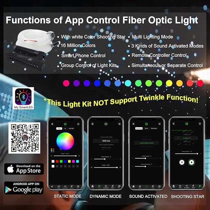 AKEPO Mini 6W Car Home APP Control Fiber Optic Lights, Meteor Effect+Mixed Fiber Cable 430pcs(0.75+1+1.5mm) 9.8ft/3m + Music Sync + 28key Remote Shooting Star Starlight Headliner Light Kit