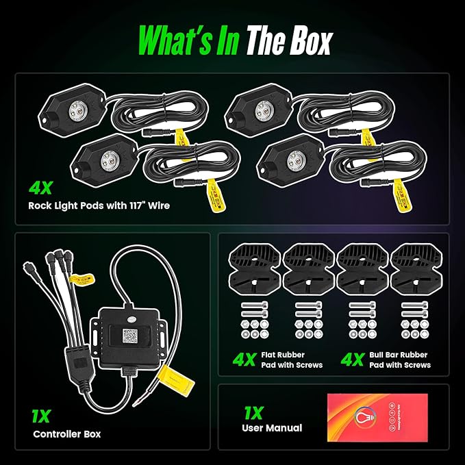4 Pods RGB LED Rock Lights Kit, Underglow Multicolor Neon Light Pod with Bluetooth App Control, IP68 Waterproof High Brightness Dynamic Music Mode Wheel Well Light for Truck ATV UTV RZR SUV Golf Cart
