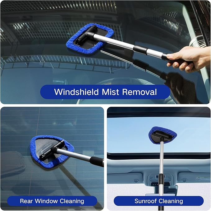 Qydipclin 7pcs Windshield Cleaner Tool Car Window Cleaning Wash Kit with 4 Reusable Microfiber Pads 1 Spray Bottle and Extendable Handle Auto Glass Wiper Kit, Blue&Gray