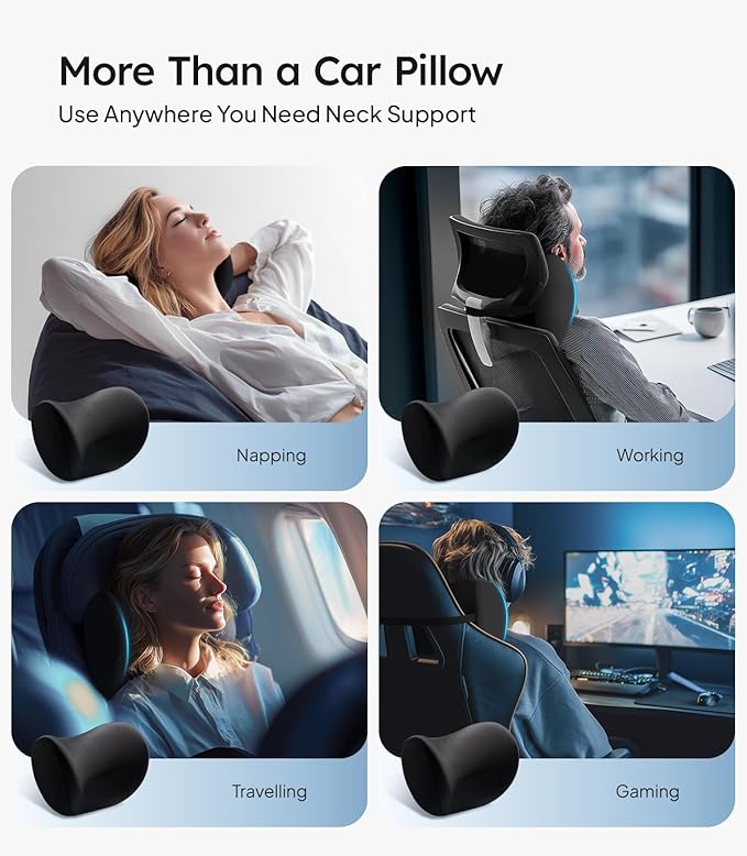 Wigoo 2026 Car Neck Pillow [No More Pressure, Odorless] Soft Car Headrest Pillow with Adjustable Strap Removable Cover 100% Memory Foam, Fits All Vehicles (Black 2-Pack)