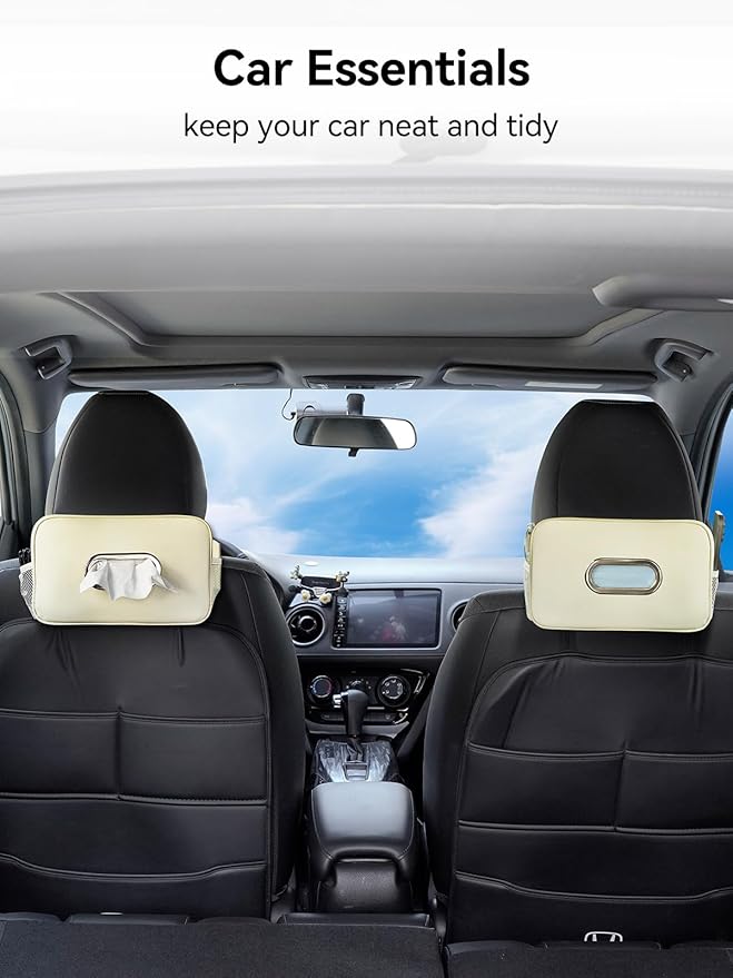 Multi-Functional Car Tissue Holder with ‌2 Storage Nets, Upgraded PU Leather Tissue Box Cover, Large Rectangle Napkin Organizer, Fit for 100-160 Regular Size Tissues, Keep Car Tidy, Beige