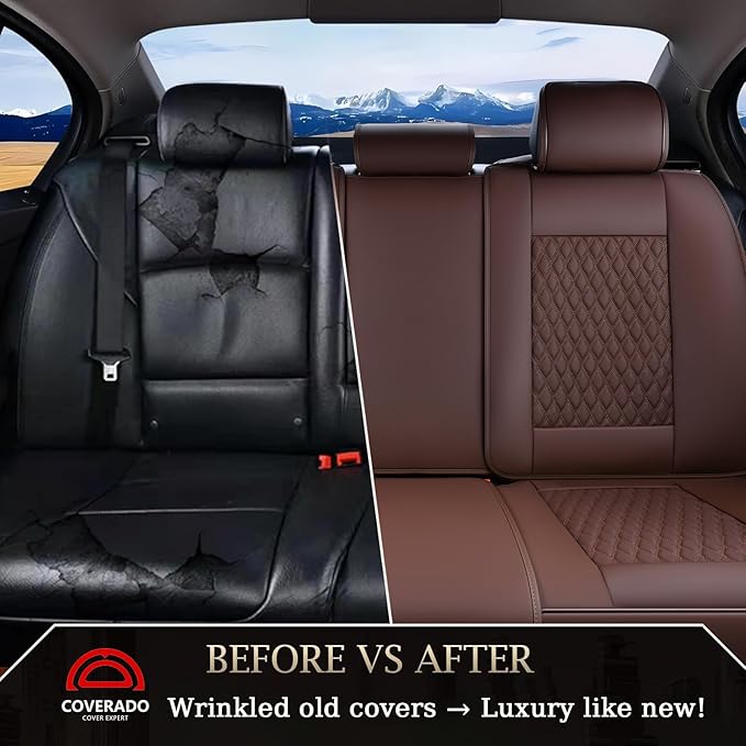 Coverado Leather Rear Seat Covers for Cars, Waterproof Back Seat Cover, Universal Automotive Seat Cushion Protector for Most Cars Trucks SUV (Coffee)