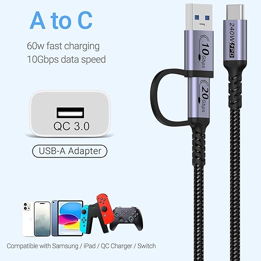 Android Auto USB C Cable 2-in-1 [1.5ft, 2Pack] 240W Max USB 3.1 Gen 2 Fast Charging CarPlay Cable, Compatible with iPhone 16 15 Pro Max, Galaxy S23 S22 Ultra Note 20, SSD
