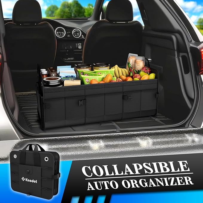 K KNODEL Car Trunk Organizer, Foldable Cover, Heavy Duty Collapsible Truck Storage Organizer, Car Cargo Trunk Organizer with Lid, 3 Compartments, with Straps (Black)