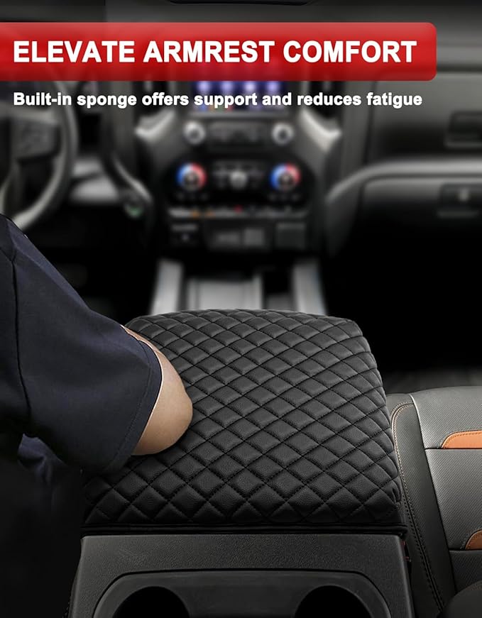 KBH Center Console Armrest Cover for Chevy Chevrolet Silverado & GMC Sierra 2019-2026, Tahoe & Suburban & Yukon 2021-2026, Bucket Seat Only, Vinyl Leather Car Arm Rest Box Cushion Pad Covering, Black