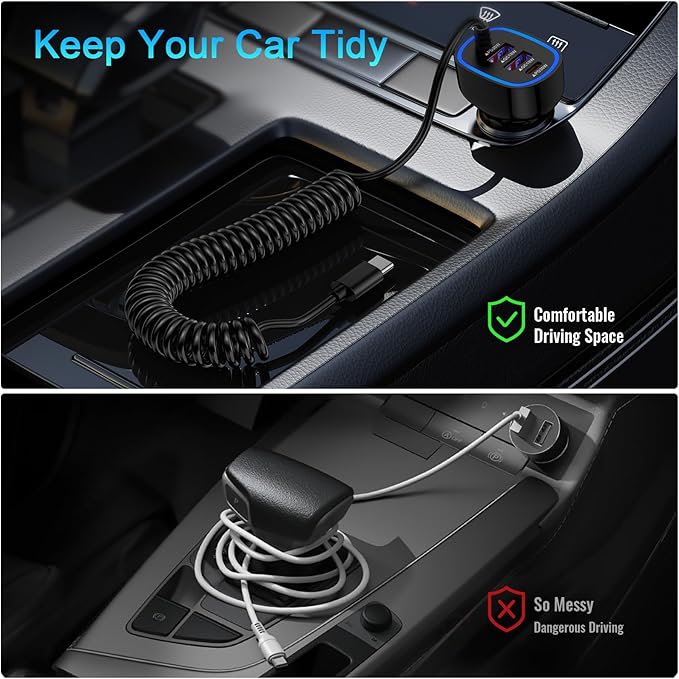 USB C Car Charger 60W Super Fast Car Phone Charger Adapter with 3ft 30W Type-C Coiled Cable for Samsung Galaxy S25 Edge/S25 Ultra/S24/S23/S22/S21/A16/A17/iPhone 17/16e/16 Pro/Pixel 10/9/8