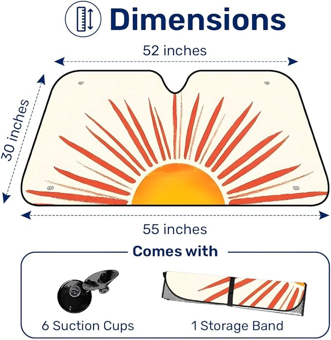 GENANY Boho Sun Pattern Windshield Sun Shade for Car SUV Truck (55x30 Inches), Sun Shade Windshield, Shades for Windows, Protector Blocks UV, Car Decor