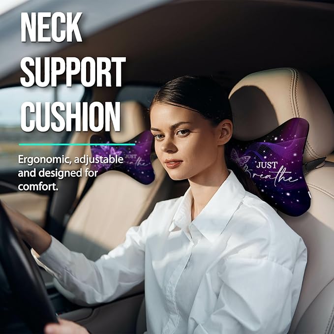 2 Pack Car Neck Pillow，Purple Butterfly Car Headrest Pillow，Ergonomic Design，Memory Foam Car Pillow，Breathable Removable Cover Universal Headrest Pillow for Travel Car Seat Driving & Home