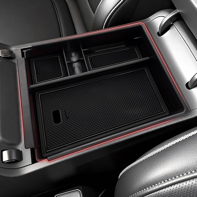 Autorder Center Console Organizer for 2022-2026 Hyundai Santa Cruz Accessories Car Armrest Storage Box Middle Console Tray Container with Black & Red Non-Slip Silicone Mats