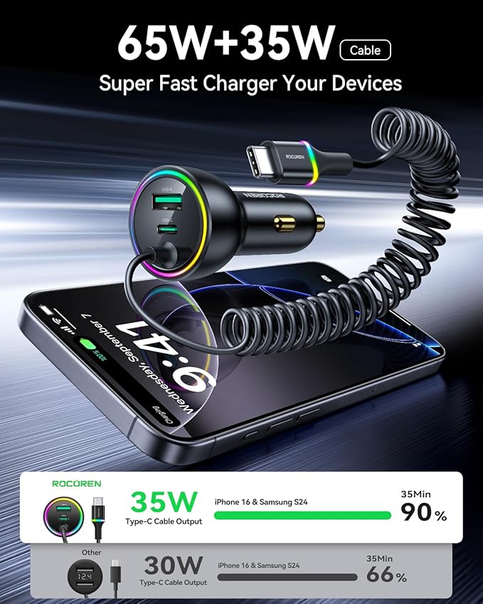 Rocoren 70W Car Charger for iPhone 17 Pro Max, USB C Car Charger Fast Charging with 5.2Ft Type C Coiled Cable, Super Fast USBC Phone Cigarette Lighter Adapter for iPhone 17/16/15, iPad,Samsung,Android