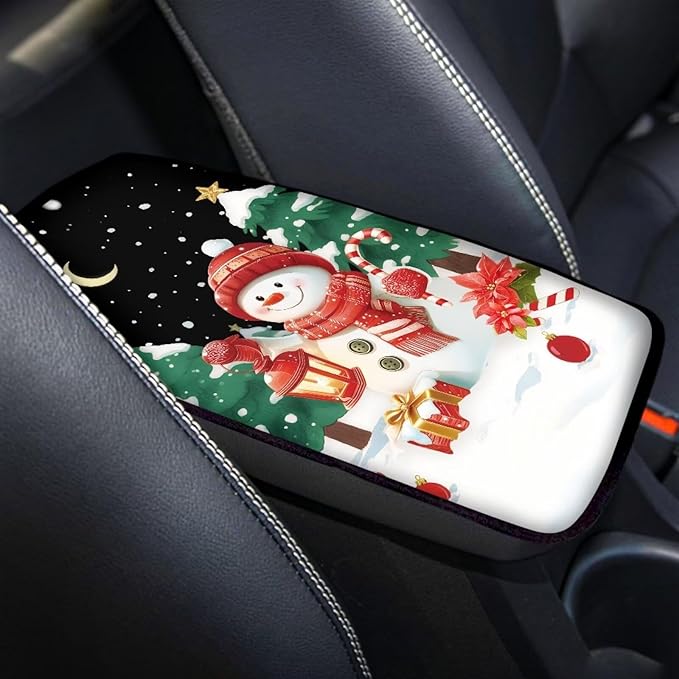 Snow Snowman Xmas Vehicle Armrest Covers Car Center Console Cushion Pad Middle Storage Organizer Pad Universal Style Car Interior Thanksgiving Decor