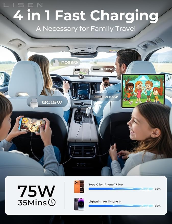 LISEN Retractable Car Charger for iPhone, for iPhone 17 Pro Max 16 15 14 13 12 Plus Mini, Cute 4 in 1 Retractable USB C Car Charger Fast Chareg for Women Men, 84W Fast Charging Car Accessorie