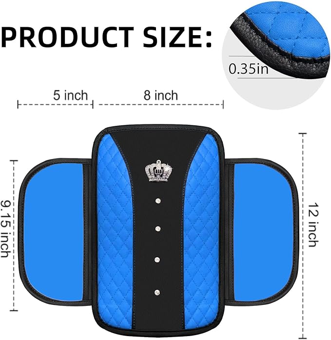 NBTEPEM Bling Crown Car Center Console Armrest Cover, Leather Middle Console Cover Cushion with 2 Storage Bags, Car Armrest Storage Box Interior Accessories for Most Vehicles(Blue)
