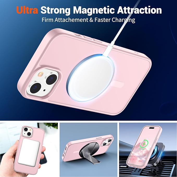 SUPFINE Magnetic for iPhone 15 Case with Screen Protector (Compatible with MagSafe) (Military Grade Drop Protection) Translucent Matte Shockproof Phone Cover,Light Pink