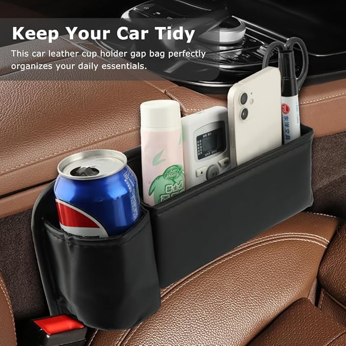 2Packs Car Seat Filler Organizer, Leather Car Seat Oganizer with Cup Holder,Storage Accessories for Phone,Sunglasses,Keys, Universal fit for Most Cars Trucks & SUV(Left+Right Side)