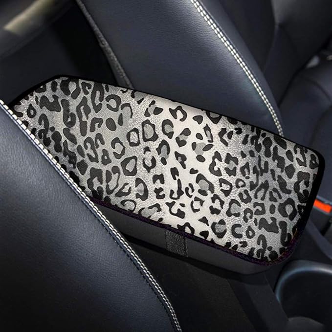 Dreaweet Grey Leopard Printed Universal Auto Center Console Lid Pad, Soft Comfy Car Armrest Seat Box Protector Fit for Most Standard Size Vehicle Interior Accessories