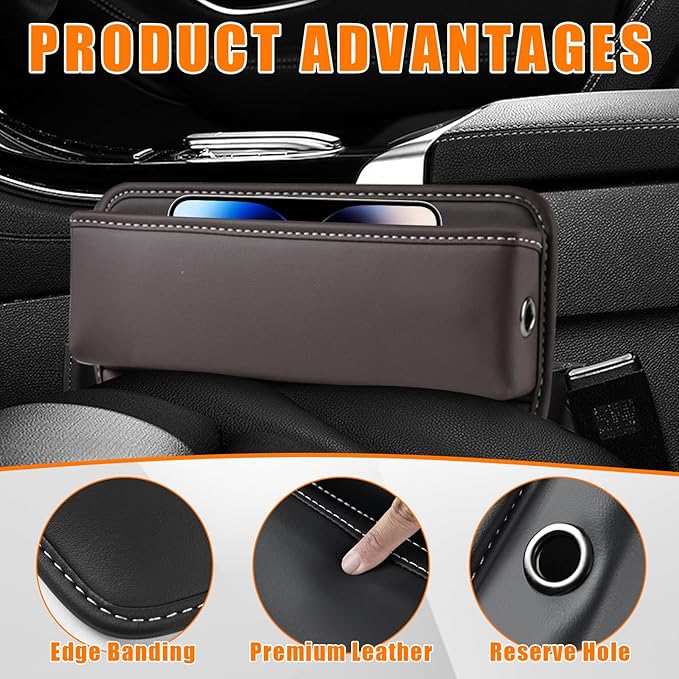 Ziciner Car Seat Gap Organizer, Premium Leather Auto Seat Storage Box, Vehicle Adjustable Front Seat Gap Filler, Car Seat Side Pocket Organizer for Phones, Glasses, Keys, Money, Cards (Coffee)