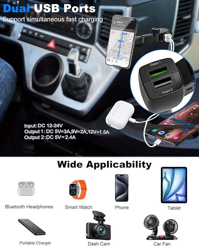 Magnetic Phone Holder for Car Cigarette Lighter [Dual USB Fast Charging] Cigarette Lighter Socket Phone Mount Charger with Adjustable Arm, for iPhone 16 15 14 MagSafe Car Mount