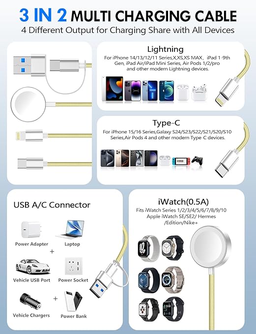 1Pack Multi Charging Cable Cord for Travel Essentials,Apple Watch Charger,iPhone Charger,[3-in-2] Type C/Lightning Cable Portable Designed for iWatch,iPhone 17-8,Galaxy S25-21,AirPods,iPad-4FT Yellow