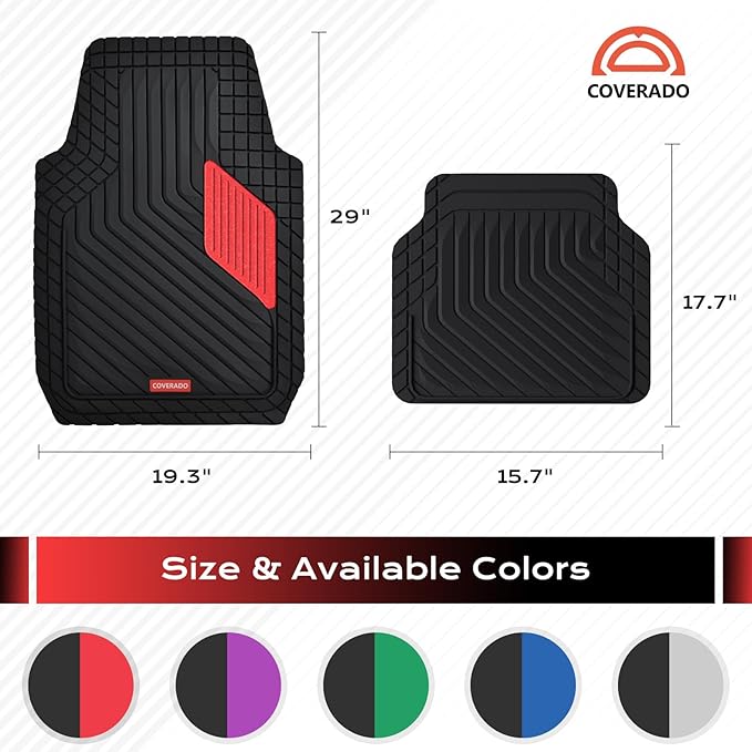 Coverado Red Rubber Car Floor Mats with Metallic Aluminum Film, Waterproof All Weather Protection, Universal Trim-to-Fit Automotive Mats for Cars SUVs Trucks, 4PCS Set
