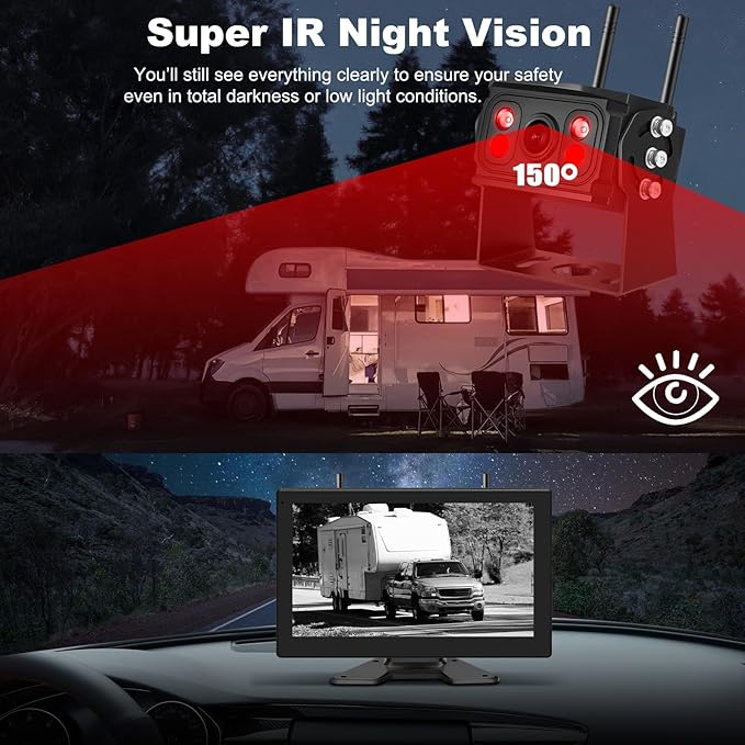 10'' Wireless Backup Camera System, 2 HD 1080P IP69 Waterproof Cameras with Large IPS Full Touch Screen 4 Channels Monitor, IR Night Vision Reverse Camera for RV Truck Trailer Camper