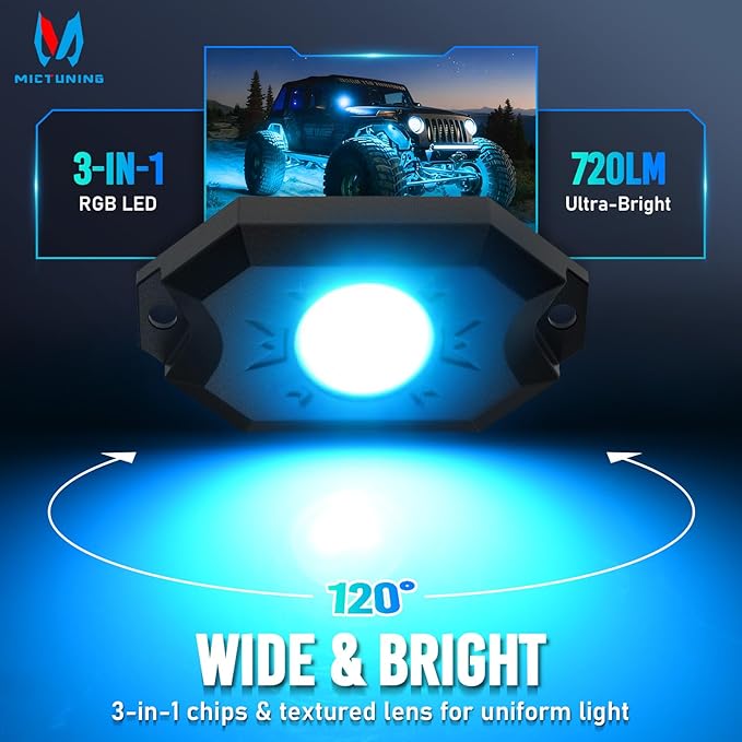 MICTUNING 2nd-Gen CM RGB Rock Lights - 4 Pods Waterproof Multicolor Neon Underglow Kit with Bluetooth App Control & Music Mode for Trucks Pickup UTV SUV ATV （2 Year Warranty）
